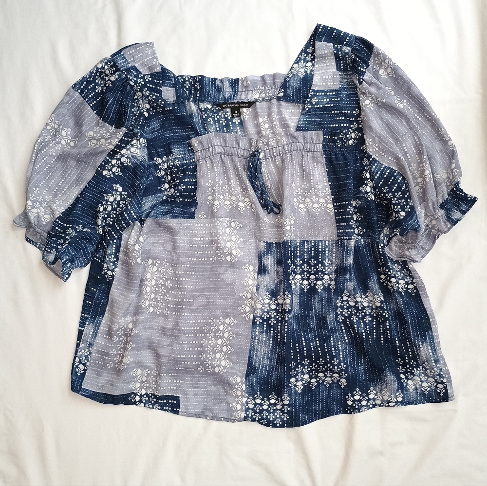 Zac & Rachel Woman Peasant Blouse Women's Plus 1X Patchwork Short Sleeve Blue